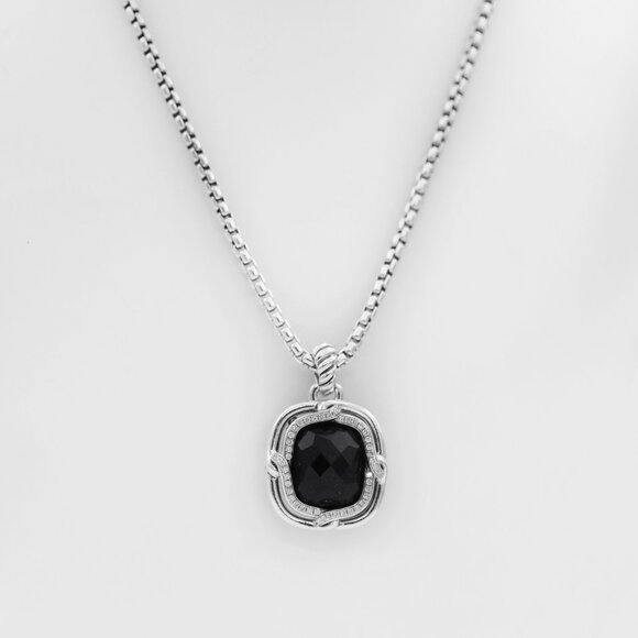 David Yurman 925 Silver Labyrinth Onyx and Diamond Pendant Necklace - Picture 1 of 6